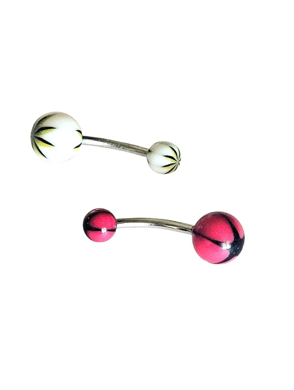 2 Barbell Silver Belly Rings-Red With Black Starburst & White With Black& Yellow